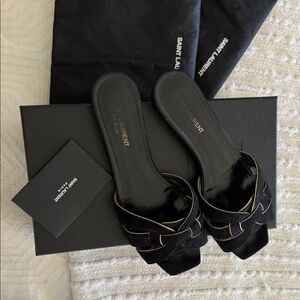 Saint Laurent Triumph Black Suede Slide Sandals with Gold Piping 38.5